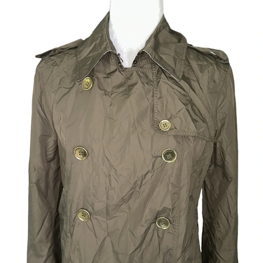 Burberry Peasdale Brown Tan Nylon Double Breasted Gold Button Trench Jacket - 8